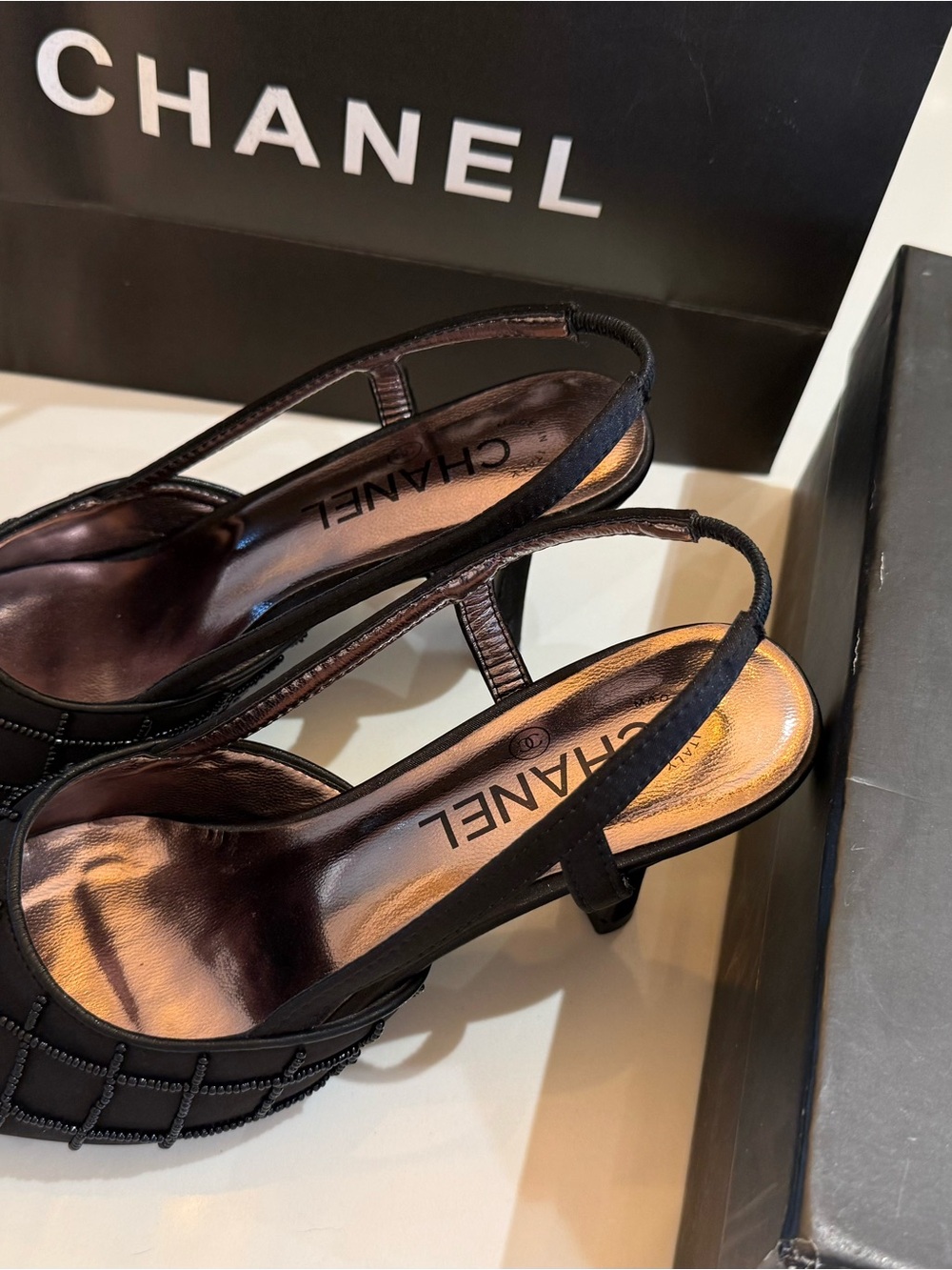 Gently Worn CHANEL Black Beaded Slingback Pointed-Toe Pumps. Vintage! - Picture 14 of 16
